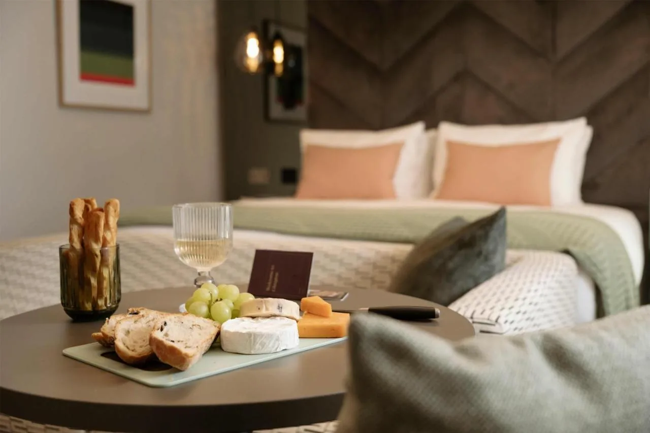 A tray of food served in a studio apartment at The Wellington Glasgow by Adina